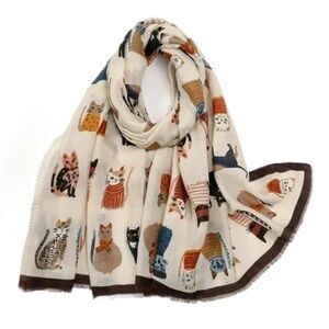 Blue Orange Red Ivory Brown Shawl
Cat Design Fringed Cotton Viscose Neck Scarf